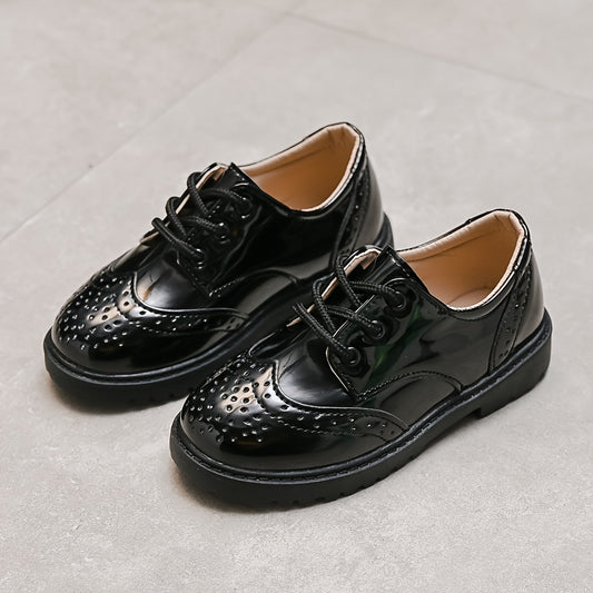 Boys' School Style Lace-Up Shoes - Black & White Faux Cover Dress Shoes with Soft Sole, Round Toe, and Decorative Perforations for Weddings, Parties