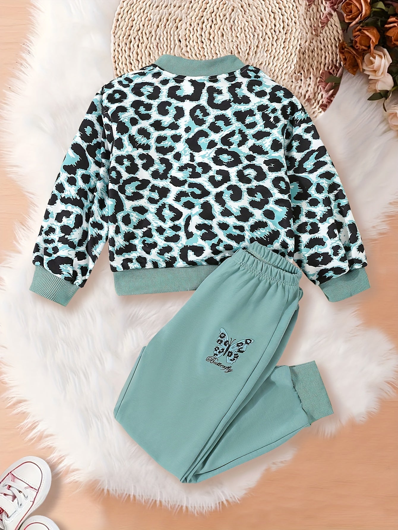 Fashion Jacket Set Three-Piece Set Girls' Fashion Leopard Print Jacket with Butterfly Pattern Long Sleeve & Casual Pants