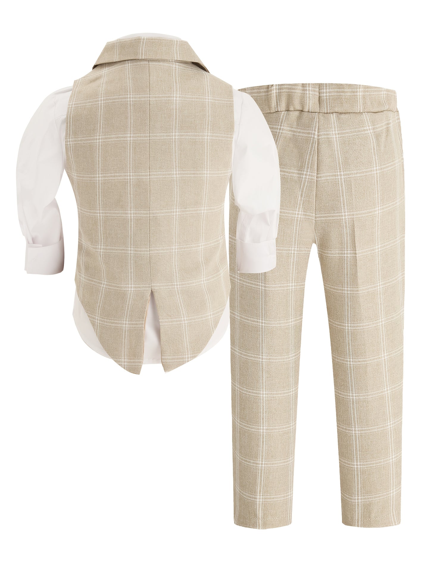 Children's Stylish Vest Suit British Style Plaid Dress for Boys Piano Performance Wedding Flower Boy 3pcs Set with Vest + Pants + Bow Tie,