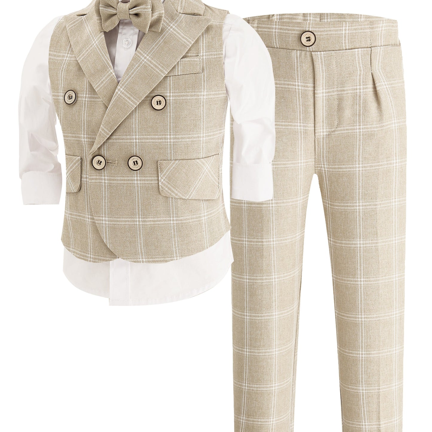 Children's Stylish Vest Suit British Style Plaid Dress for Boys Piano Performance Wedding Flower Boy 3pcs Set with Vest + Pants + Bow Tie,