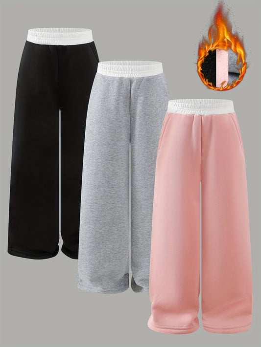 Girls' Fashion Autumn and Winter Thickened Fleece Sweatshirt with Side Pockets and Straight-Leg Pants Set of 3pcs in White,
