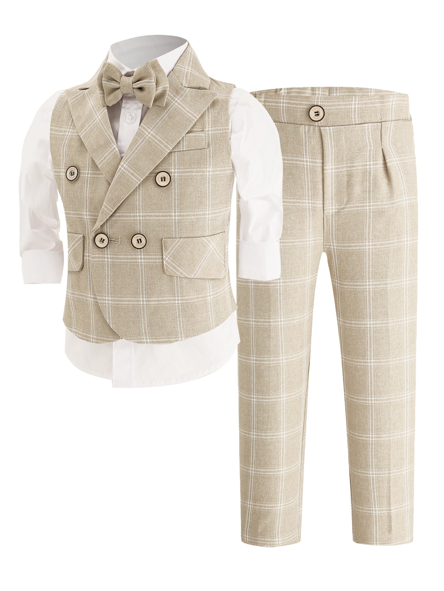 Children's Stylish Vest Suit British Style Plaid Dress for Boys Piano Performance Wedding Flower Boy 3pcs Set with Vest + Pants + Bow Tie,