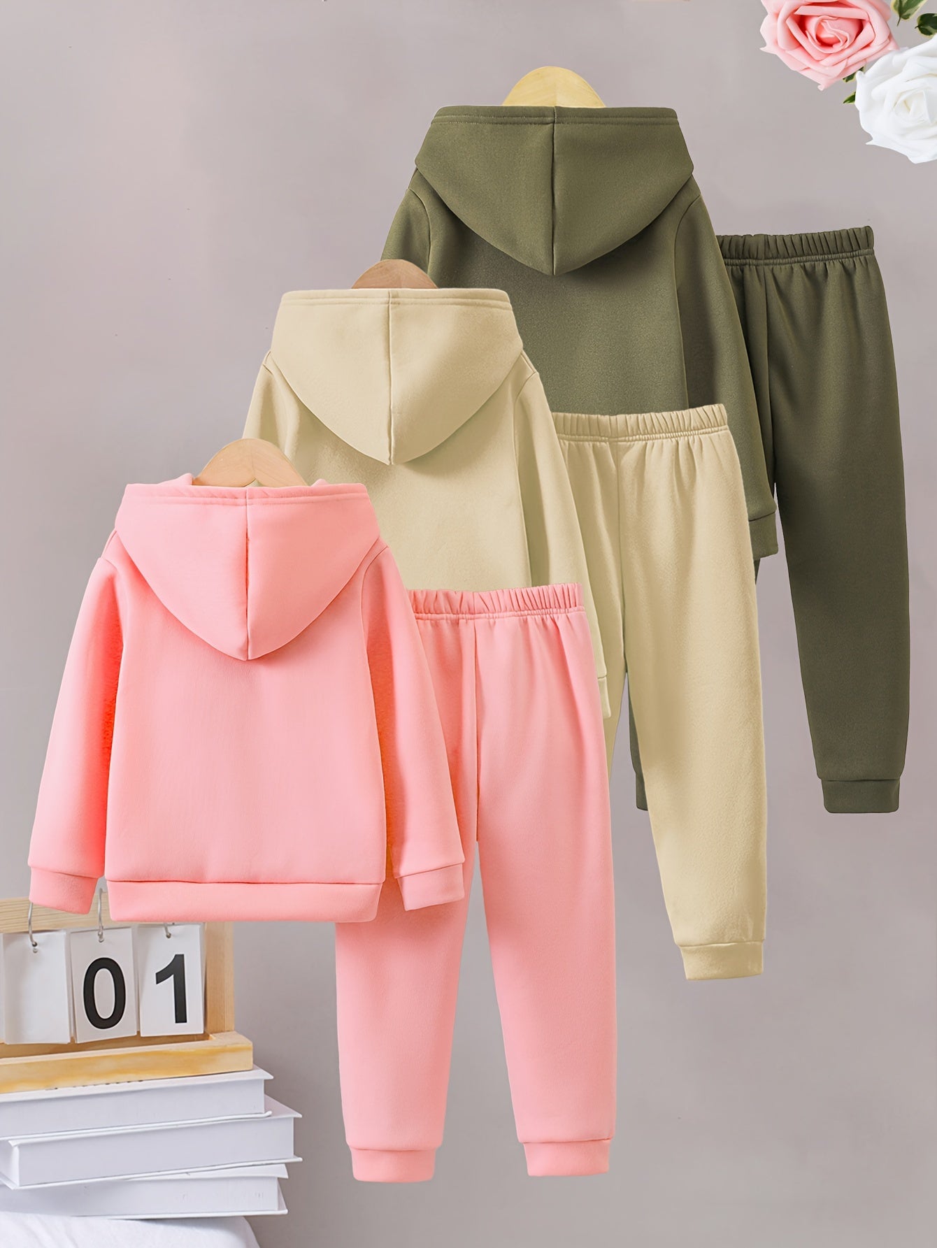 Girls Autumn and Winter Six-piece Set with English Pattern Print, Warm and Fleece-lined