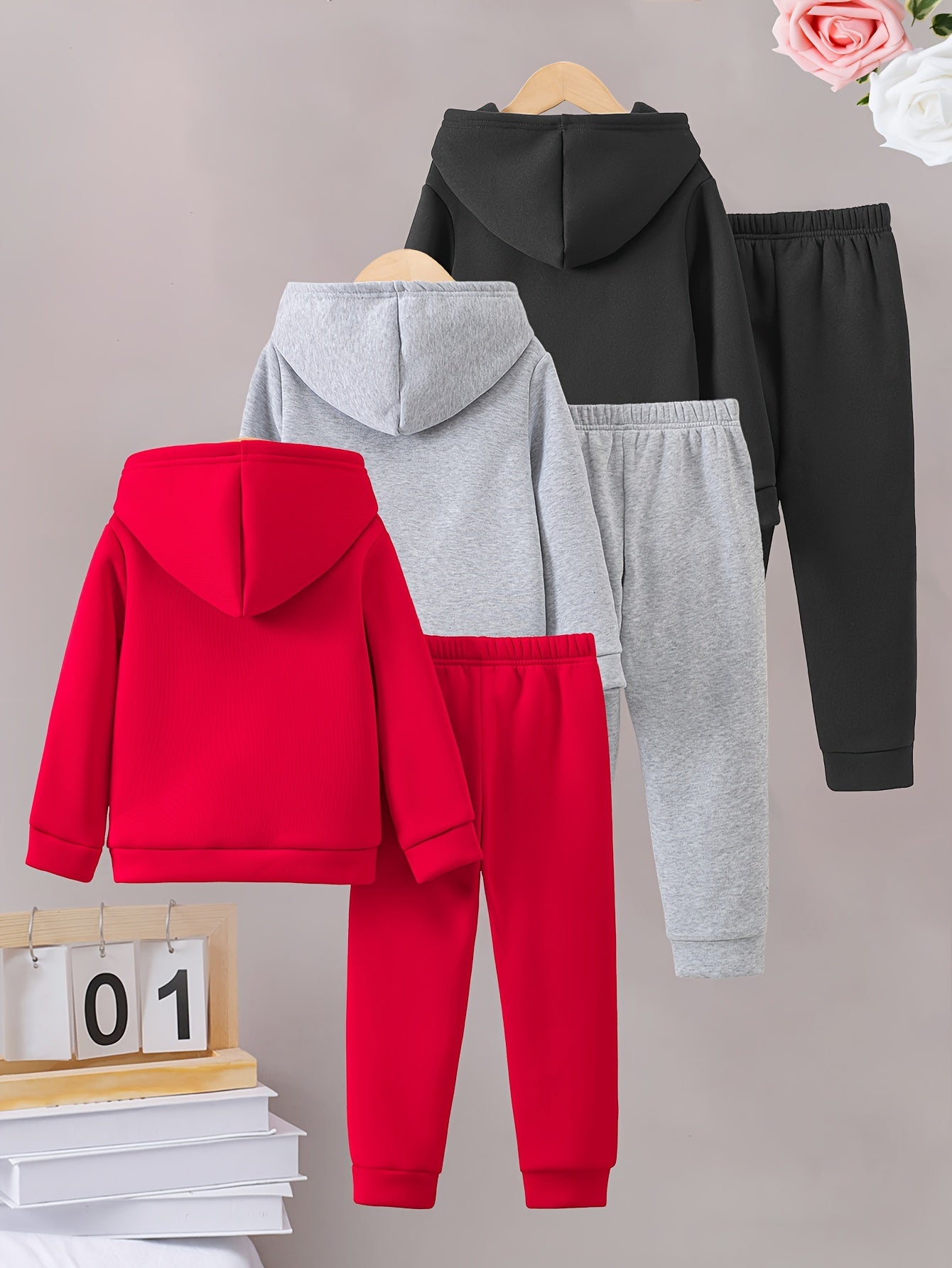 Girls Autumn and Winter Six-piece Set with English Pattern Print, Warm and Fleece-lined