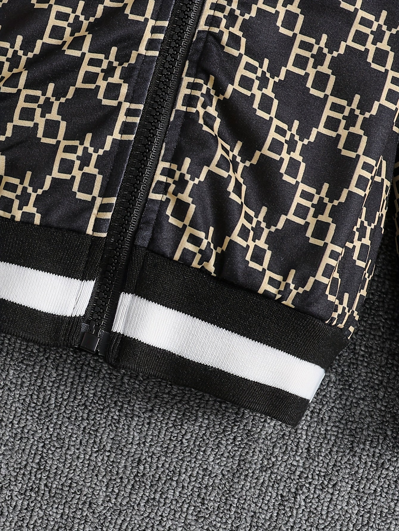 Boy's Trendy 2pcs Co Ord Set, Long Sleeve Stand Collar Zip-up Jacket & Elastic Waistband Trousers, Geometric Pattern Design,