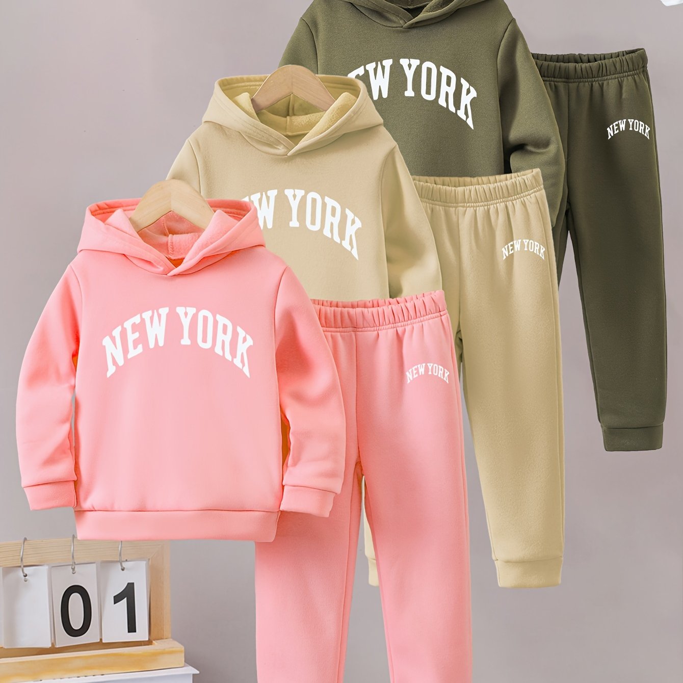 Girls Autumn and Winter Six-piece Set with English Pattern Print, Warm and Fleece-lined