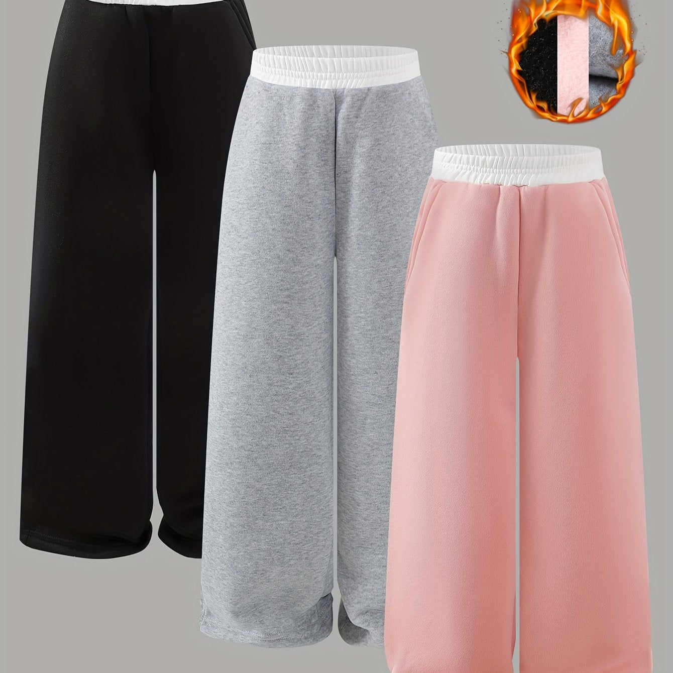 Girls' Fashion Autumn and Winter Thickened Fleece Sweatshirt with Side Pockets and Straight-Leg Pants Set of 3pcs in White,
