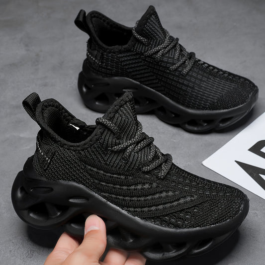 Youngsters' Breathable Woven Knit Blade Sneakers - Non-Slip Soft EVA Sole, Slip-On Low-Top Design for Outdoor Activities, Black (Boys & Girls), Kid Shoes,