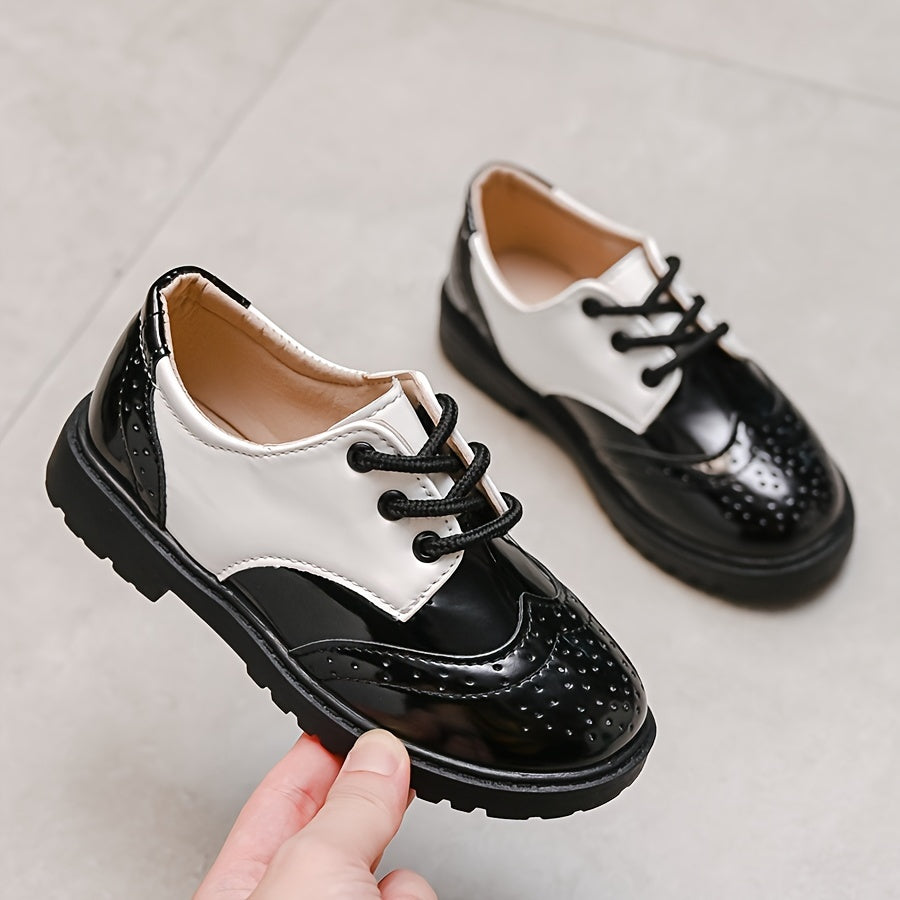 Boys' School Style Lace-Up Shoes - Black & White Faux Cover Dress Shoes with Soft Sole, Round Toe, and Decorative Perforations for Weddings, Parties
