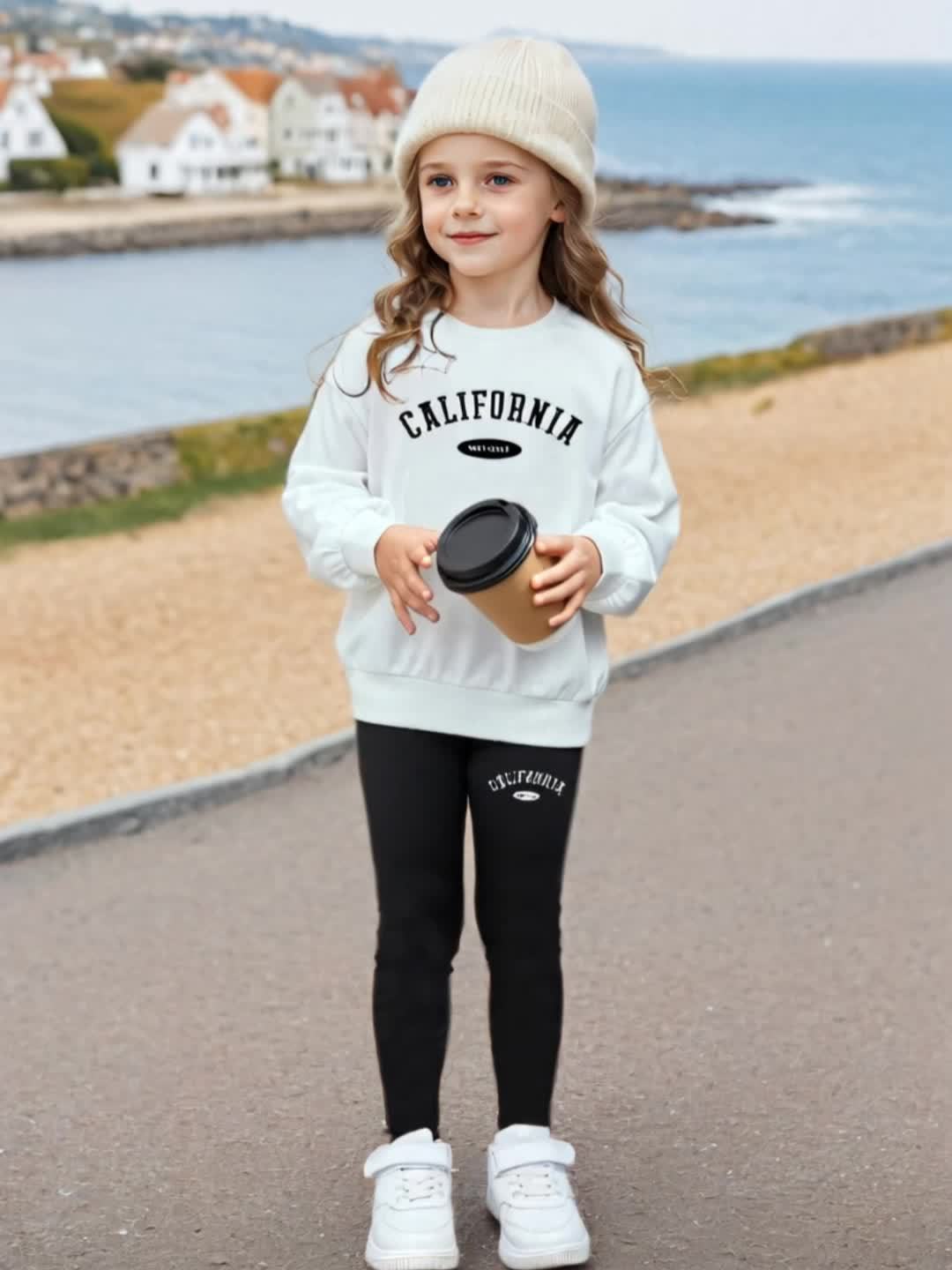 Girls' Vintage Letter Print Sweatshirt and Leggings Set, Polyester Blend, Casual Style, Machine Washable