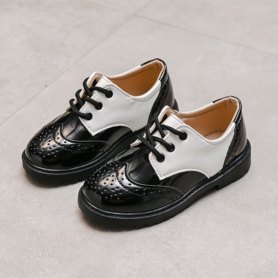 Boys' School Style Lace-Up Shoes - Black & White Faux Cover Dress Shoes with Soft Sole, Round Toe, and Decorative Perforations for Weddings, Parties