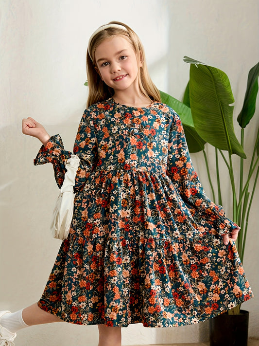 Girls' Floral Print Ruffle Sleeve Dress with Ruffled Hem - Mid-Length A-Line Dress for Fall\u002FWinter, Crew Neck, Non-Stretch Fabric,