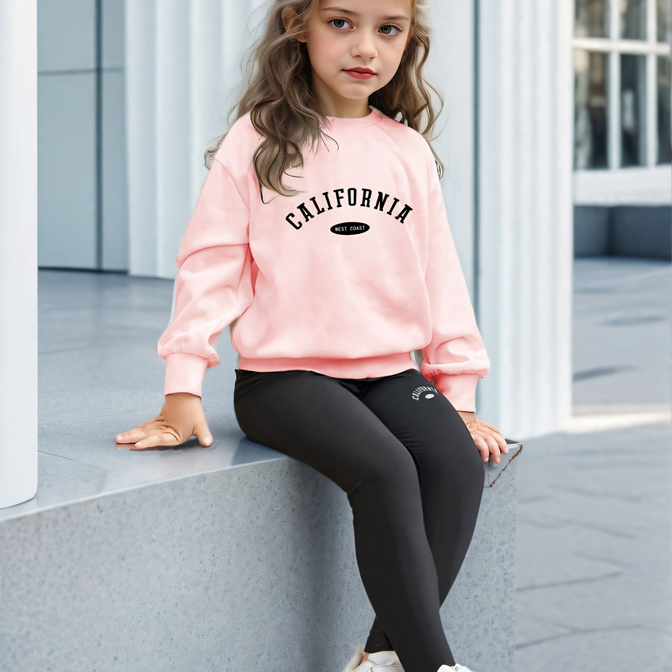Girls' Vintage Letter Print Sweatshirt and Leggings Set, Polyester Blend, Casual Style, Machine Washable