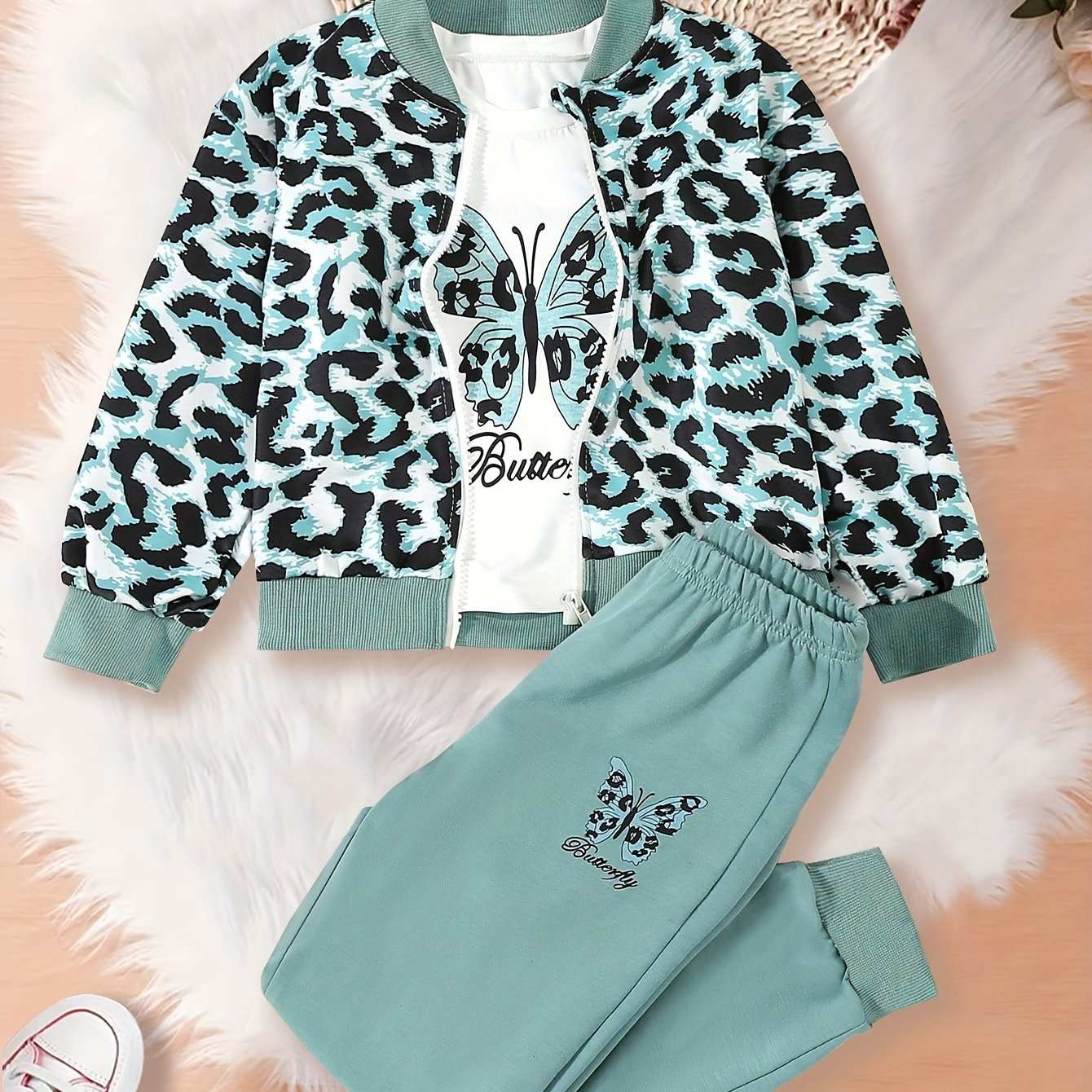 Fashion Jacket Set Three-Piece Set Girls' Fashion Leopard Print Jacket with Butterfly Pattern Long Sleeve & Casual Pants