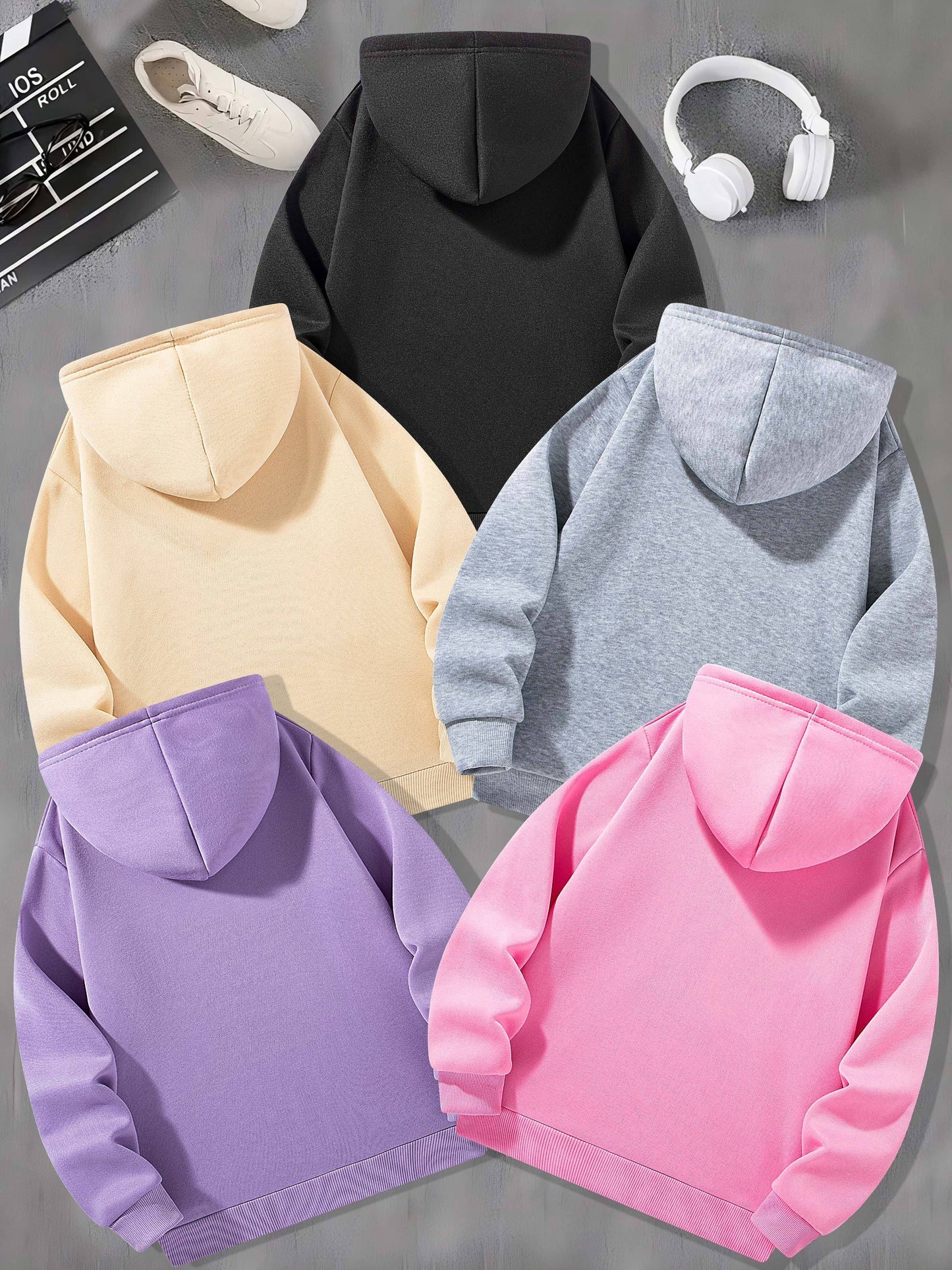 Girls' 5pcs Heart & Snowflake Print Hoodie Set, Long Sleeve Casual Polyester Blend, Machine Washable,