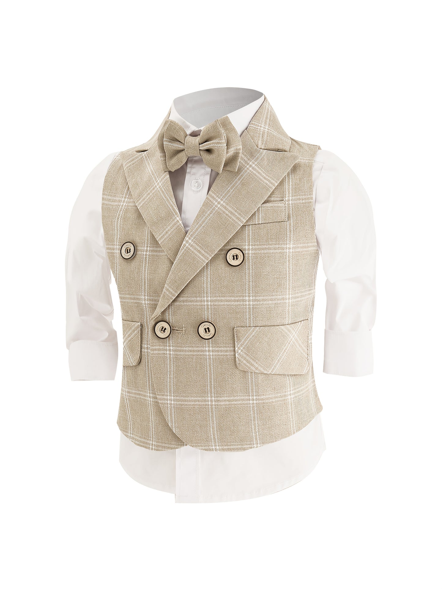 Children's Stylish Vest Suit British Style Plaid Dress for Boys Piano Performance Wedding Flower Boy 3pcs Set with Vest + Pants + Bow Tie,