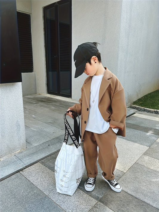 Boys' Casual Suit Set - New Spring\u002FAutumn Brown Stylish Host Dress with Flower Girl Fashionable Korean Style