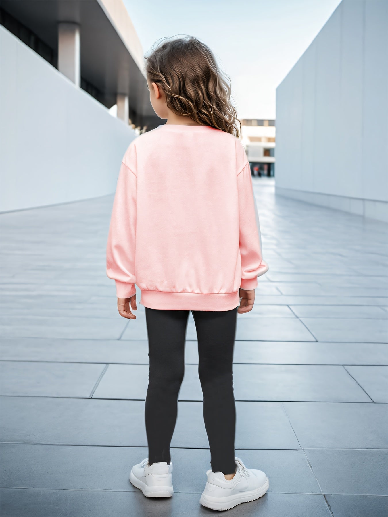 Girls' Vintage Letter Print Sweatshirt and Leggings Set, Polyester Blend, Casual Style, Machine Washable