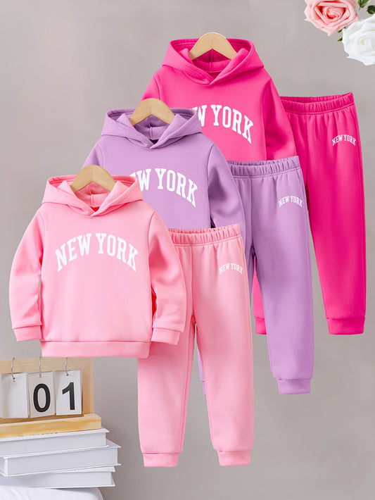 Girls Autumn and Winter Six-piece Set with English Pattern Print, Warm and Fleece-lined