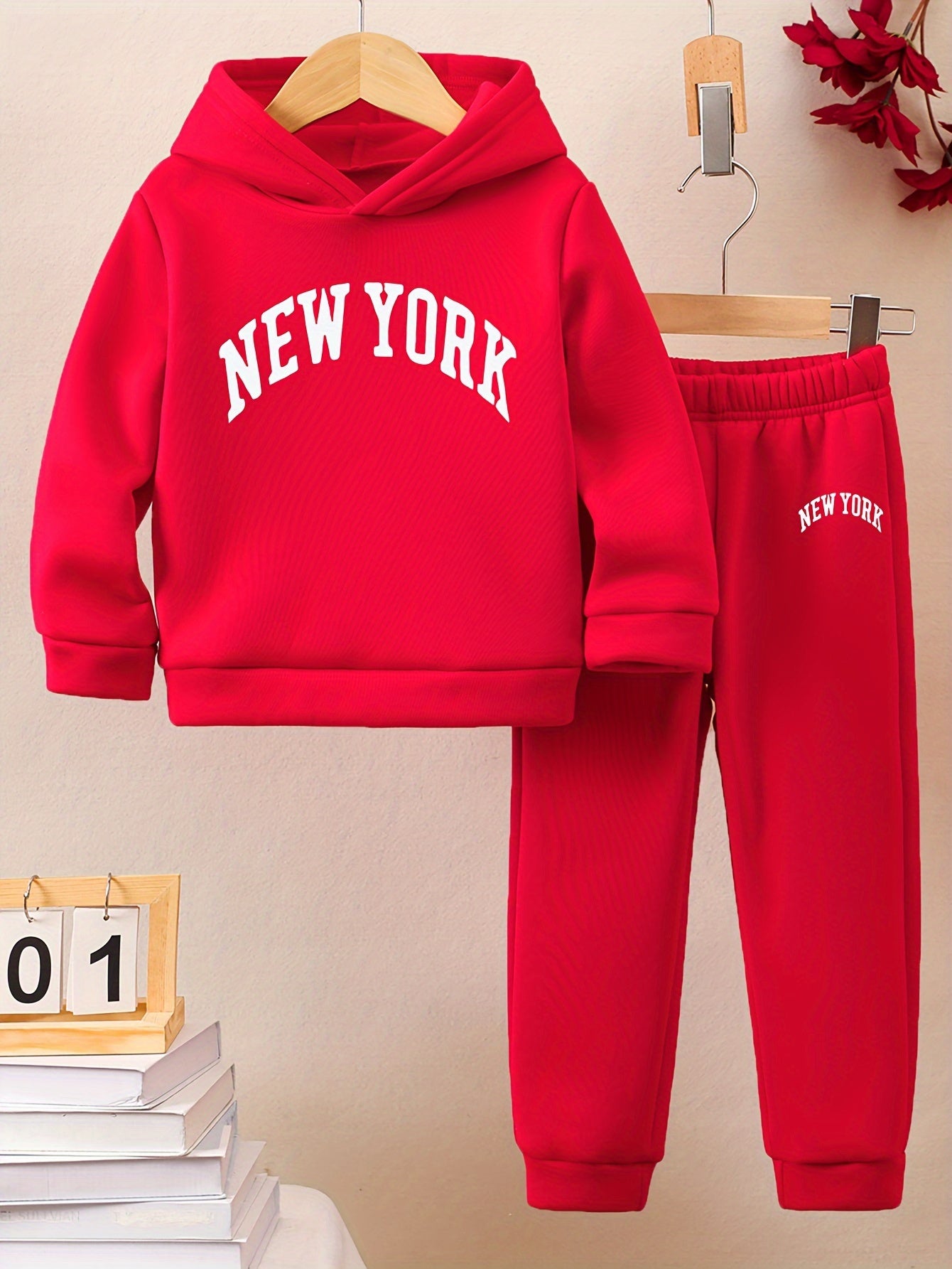 Girls Autumn and Winter Six-piece Set with English Pattern Print, Warm and Fleece-lined