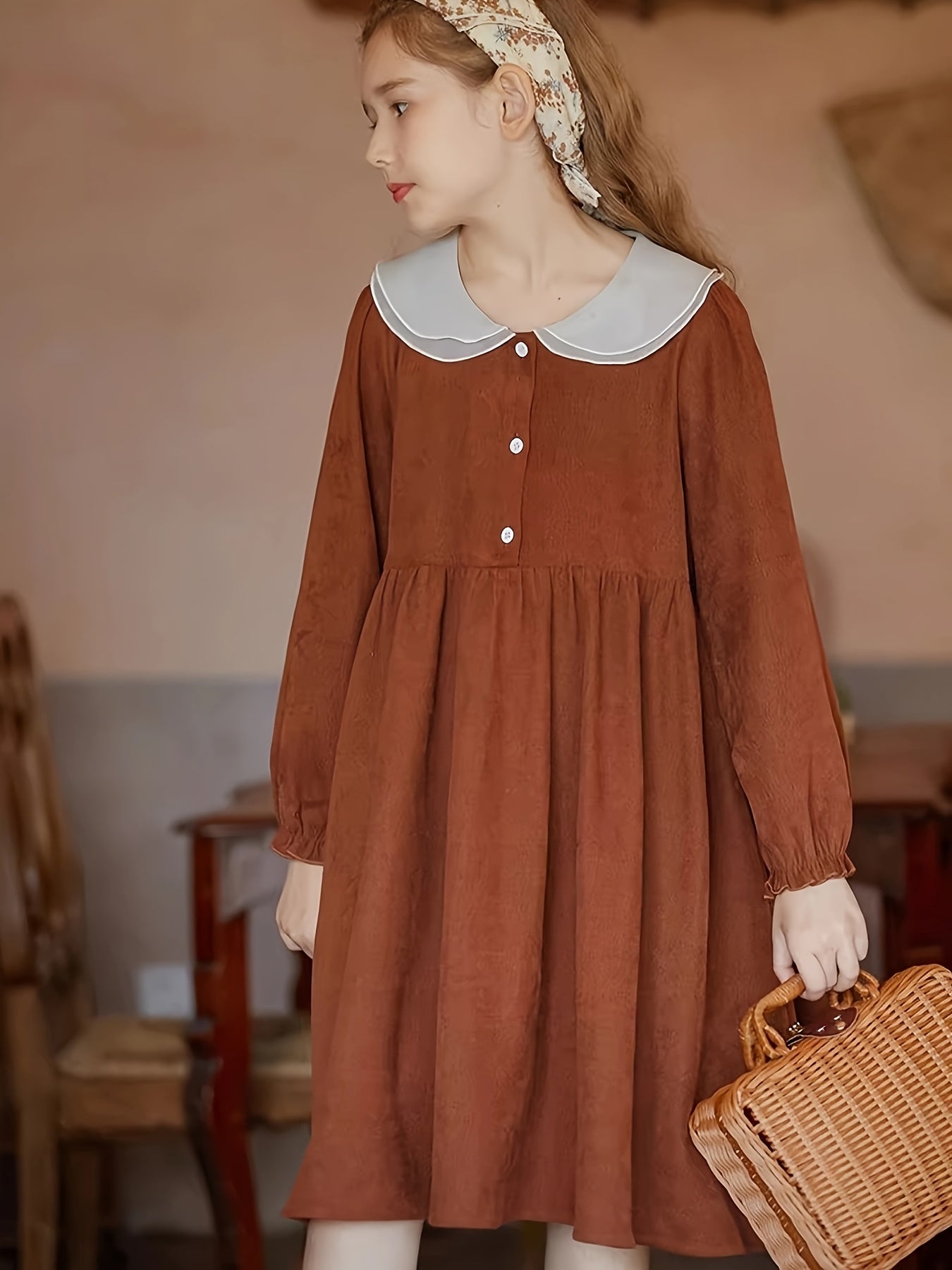 Charming Vintage-Inspired Girls' Long Sleeve Dress - Loose Fit, Mid-Length Spring\u002FFall Outfit with Button Details, Polyester, Brown, Ruffled Collar Dress
