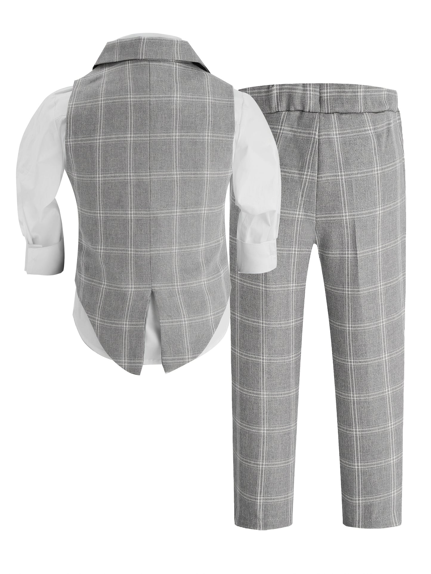 Children's Stylish Vest Suit British Style Plaid Dress for Boys Piano Performance Wedding Flower Boy 3pcs Set with Vest + Pants + Bow Tie,