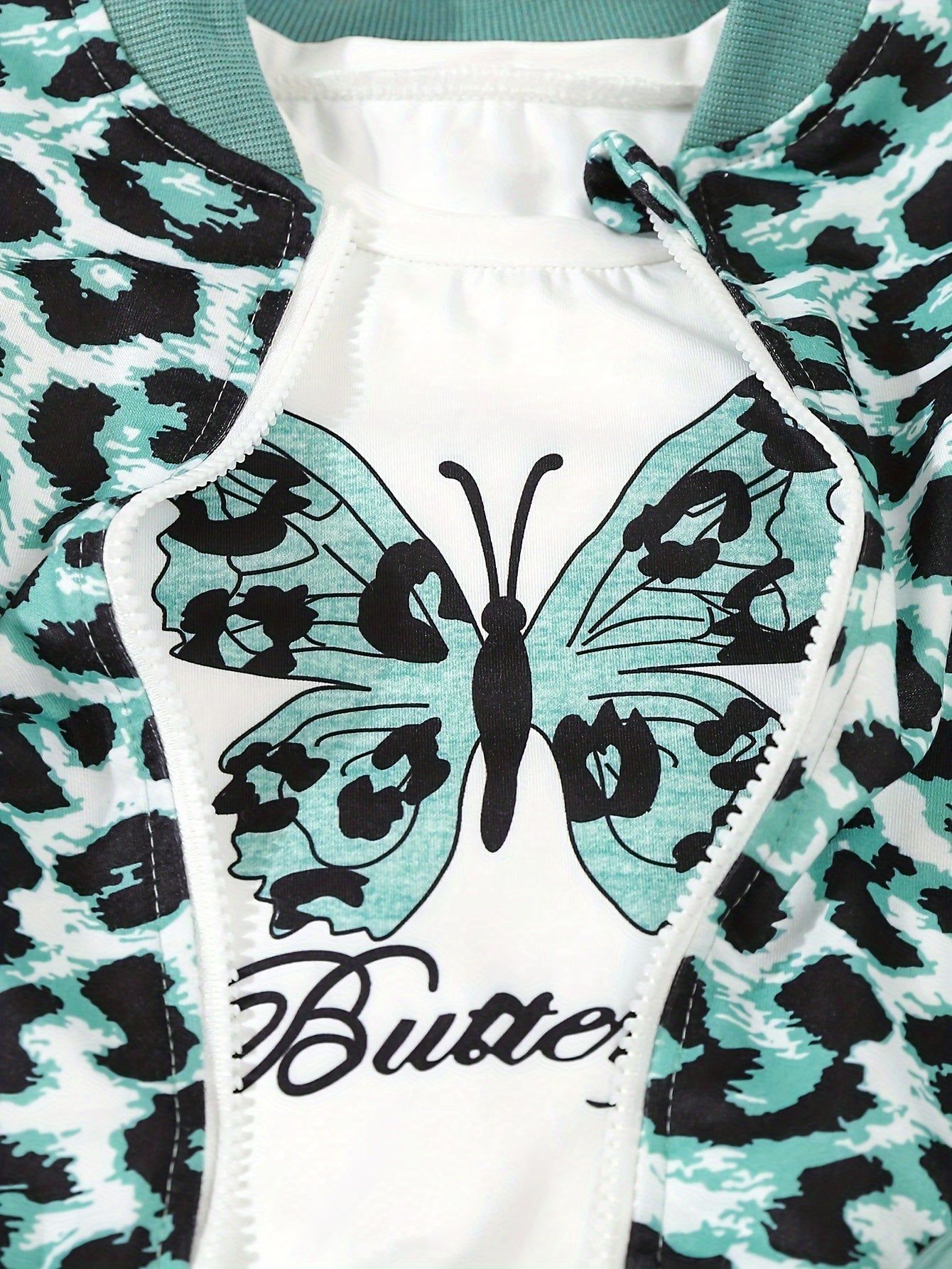 Fashion Jacket Set Three-Piece Set Girls' Fashion Leopard Print Jacket with Butterfly Pattern Long Sleeve & Casual Pants
