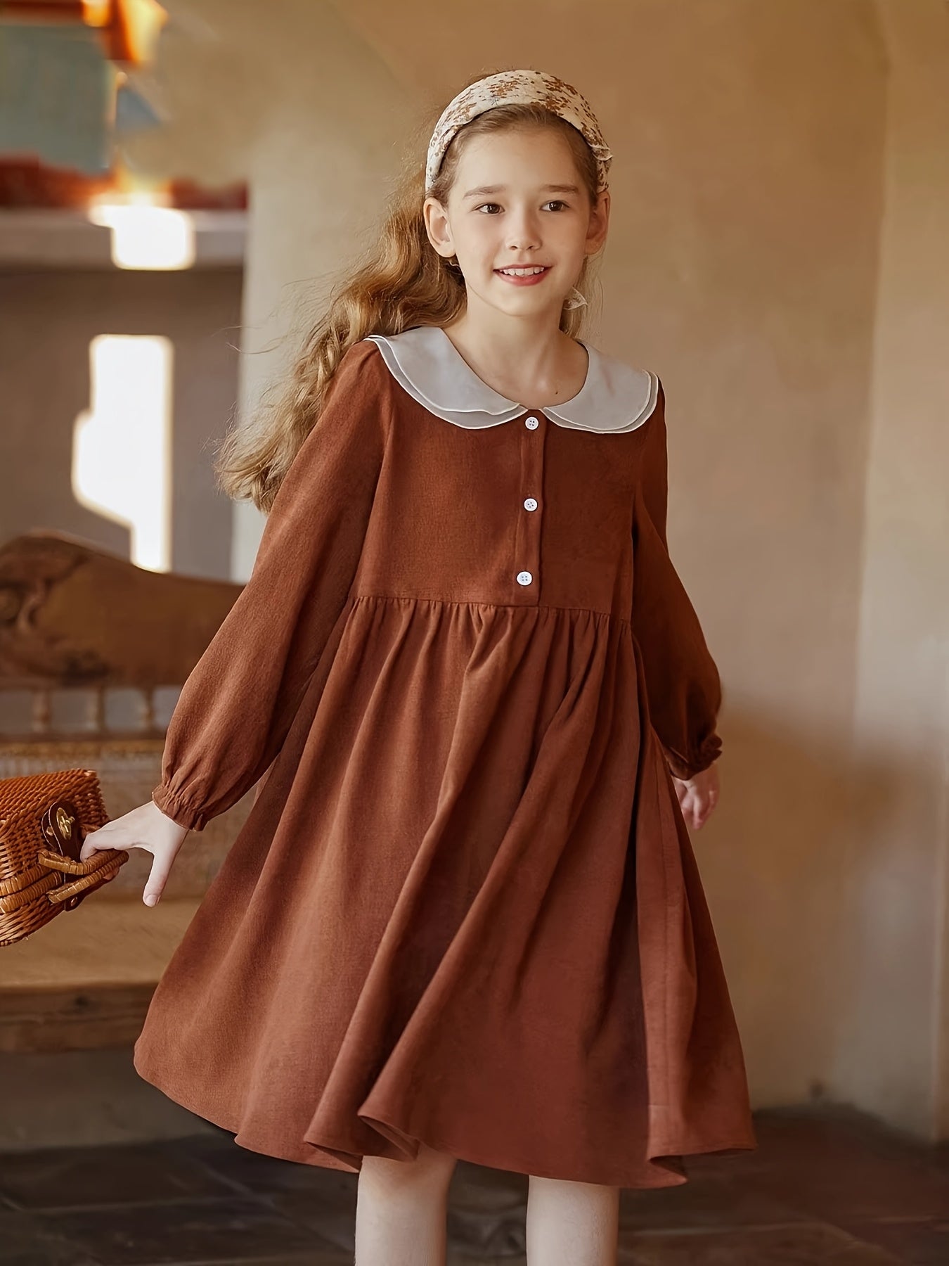 Charming Vintage-Inspired Girls' Long Sleeve Dress - Loose Fit, Mid-Length Spring\u002FFall Outfit with Button Details, Polyester, Brown, Ruffled Collar Dress