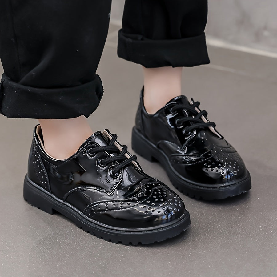 Boys' School Style Lace-Up Shoes - Black & White Faux Cover Dress Shoes with Soft Sole, Round Toe, and Decorative Perforations for Weddings, Parties