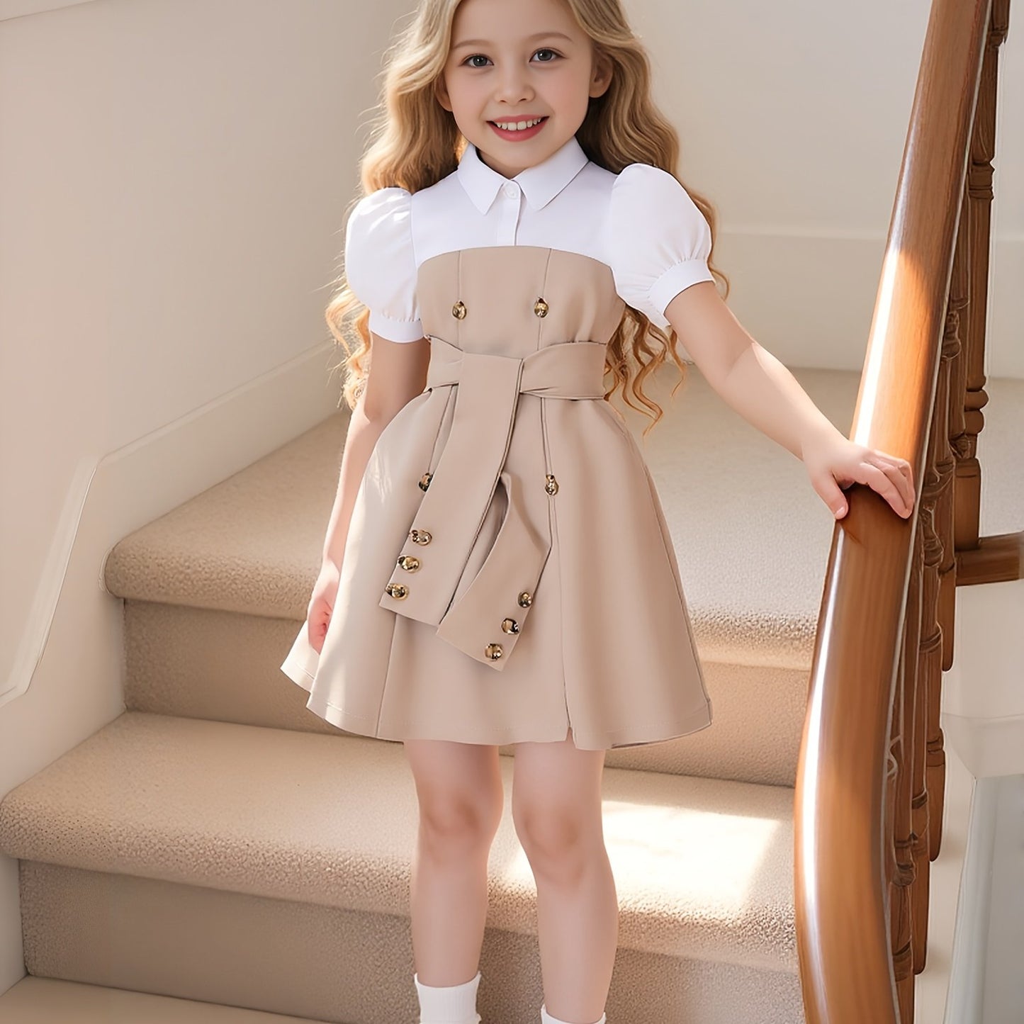This double-breasted retro puffed-sleeve dress features a combination of white and khaki colors. The dress is simple and elegant,