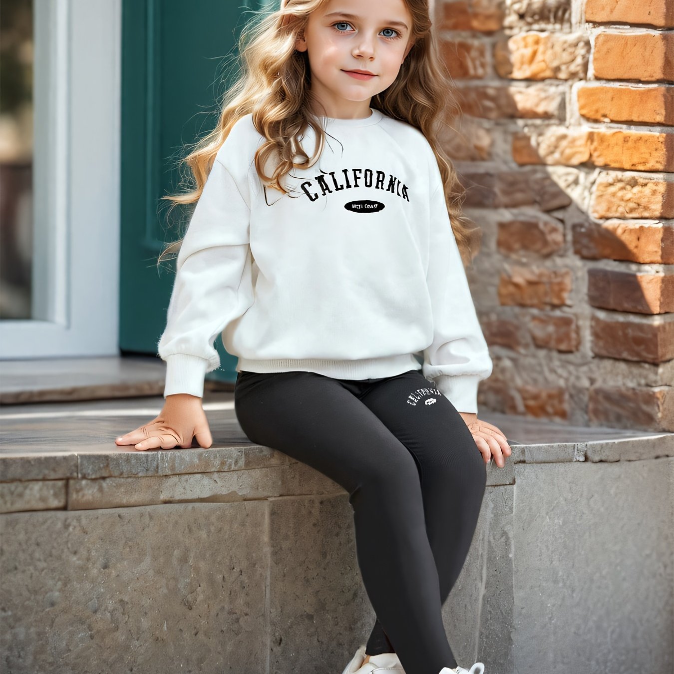 Girls' Vintage Letter Print Sweatshirt and Leggings Set, Polyester Blend, Casual Style, Machine Washable