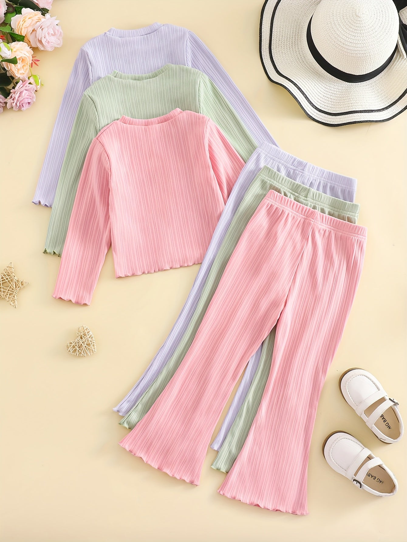 3pcs Set, Cute Girls' Casual Solid Long-Sleeve T-Shirt And Pants Set, Girls' Fashion Casual 2pcs Set, Suitable for Outdoor Sports