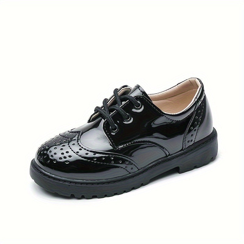 Boys' School Style Lace-Up Shoes - Black & White Faux Cover Dress Shoes with Soft Sole, Round Toe, and Decorative Perforations for Weddings, Parties