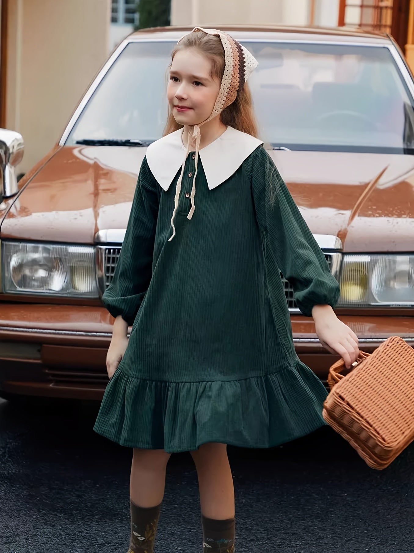Vintage Girls' Dress Midi Length Long Sleeve Vintage Girls' Dress, Polyester, Solid Color Block,
