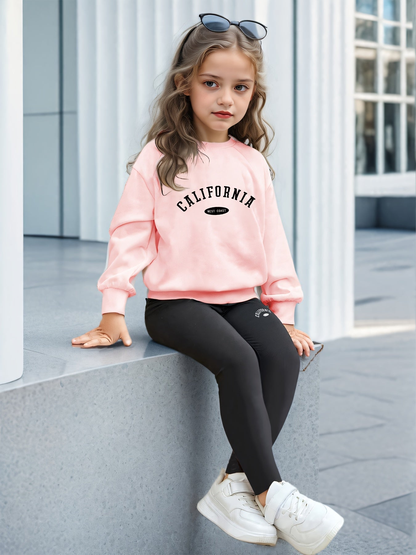 Girls' Vintage Letter Print Sweatshirt and Leggings Set, Polyester Blend, Casual Style, Machine Washable