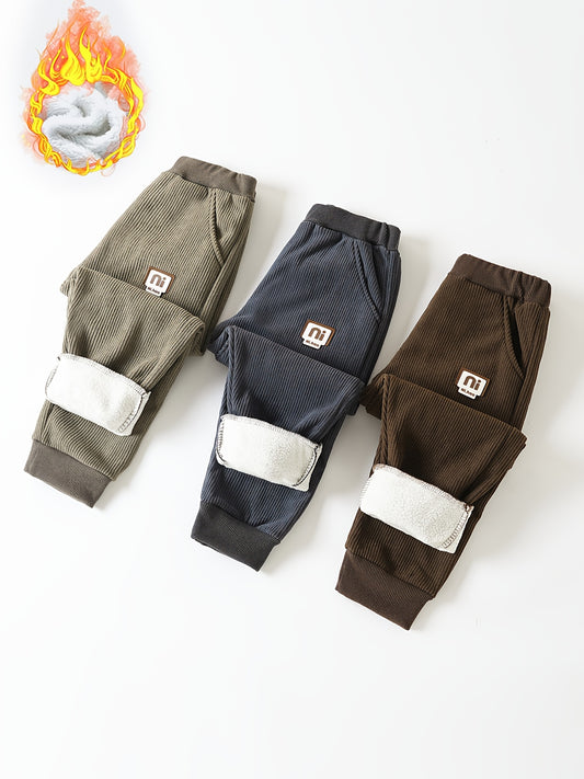 Boys' 3pcs Warm Fashion Casual Sports Pants with Pockets, Corduroy Blend Fleece Lined Fabric for Outdoor Autumn\u002FWinter