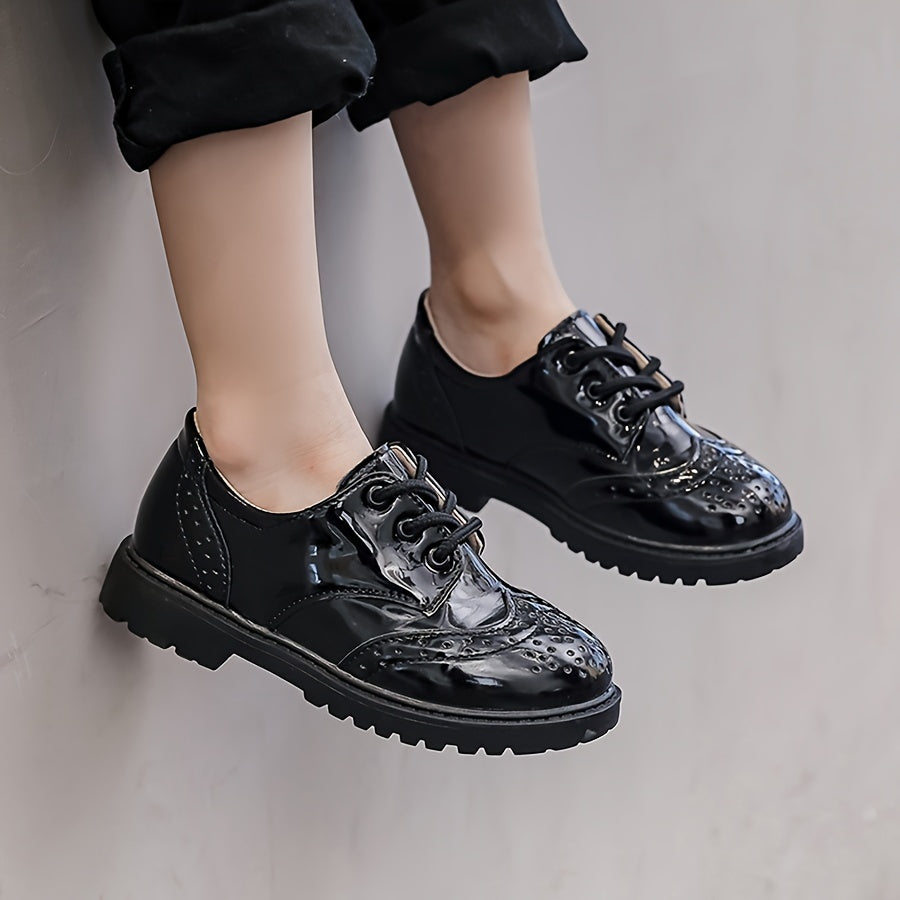 Boys' School Style Lace-Up Shoes - Black & White Faux Cover Dress Shoes with Soft Sole, Round Toe, and Decorative Perforations for Weddings, Parties