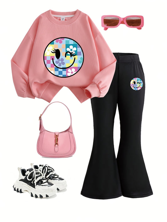 2pcs Girls Fashion Sweatshirt + Flared Pants Cute Style | Cartoon print | Home leisure + autumn + fashion | Kids Trend Autumn Set