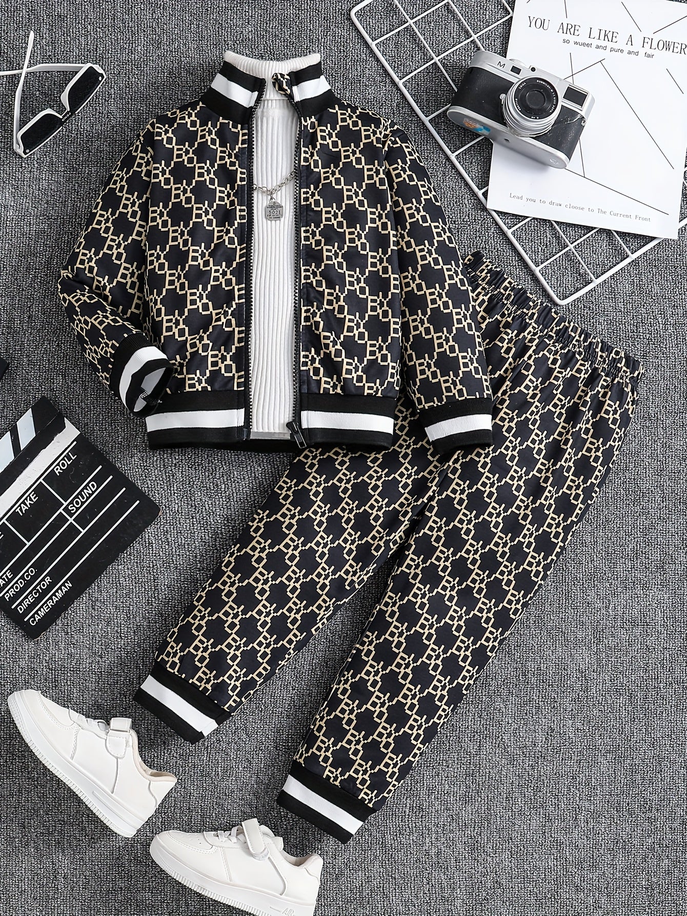 Boy's Trendy 2pcs Co Ord Set, Long Sleeve Stand Collar Zip-up Jacket & Elastic Waistband Trousers, Geometric Pattern Design,