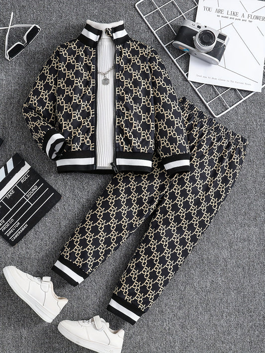 Boy's Trendy 2pcs Co Ord Set, Long Sleeve Stand Collar Zip-up Jacket & Elastic Waistband Trousers, Geometric Pattern Design,