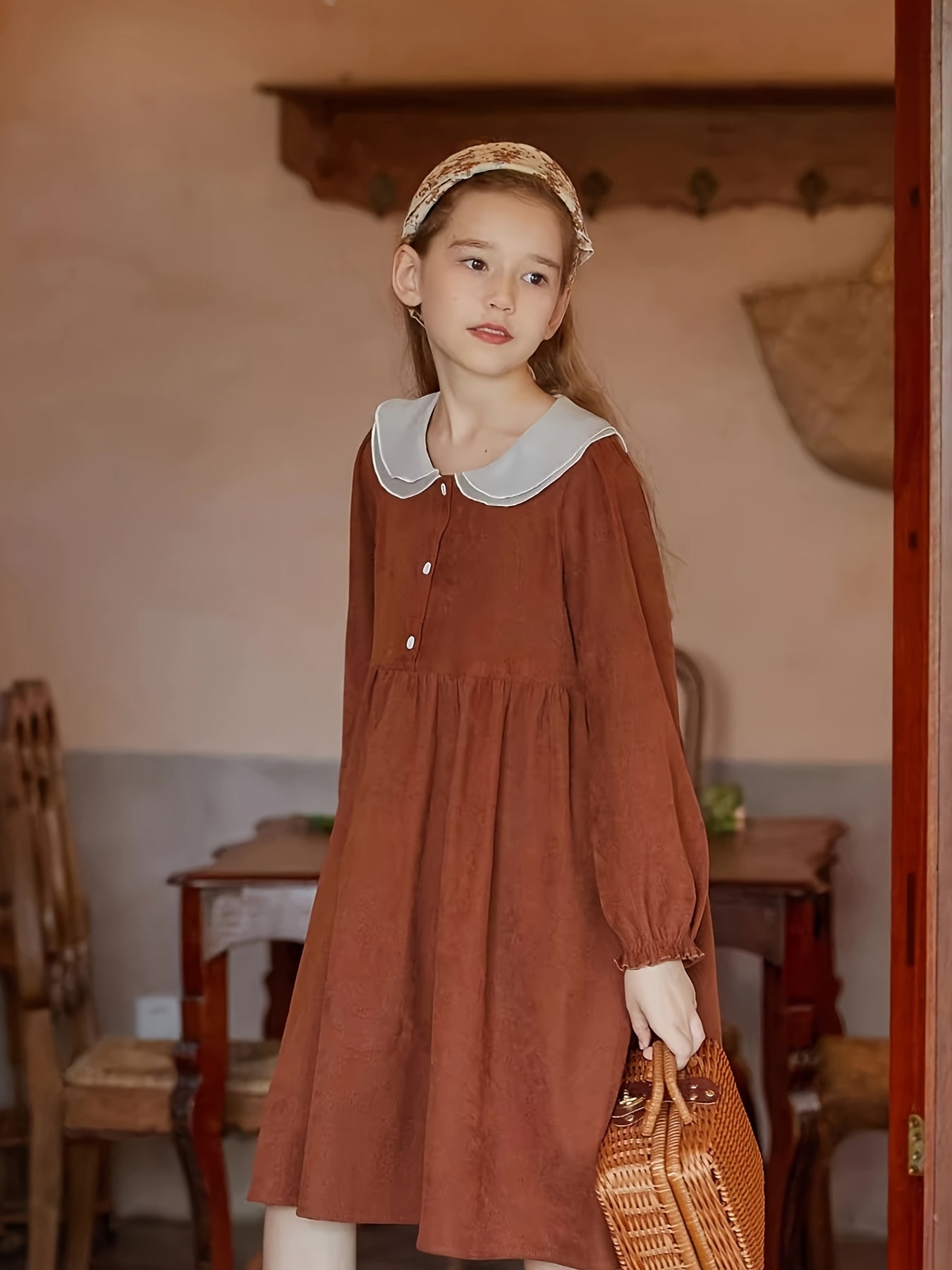Charming Vintage-Inspired Girls' Long Sleeve Dress - Loose Fit, Mid-Length Spring\u002FFall Outfit with Button Details, Polyester, Brown, Ruffled Collar Dress
