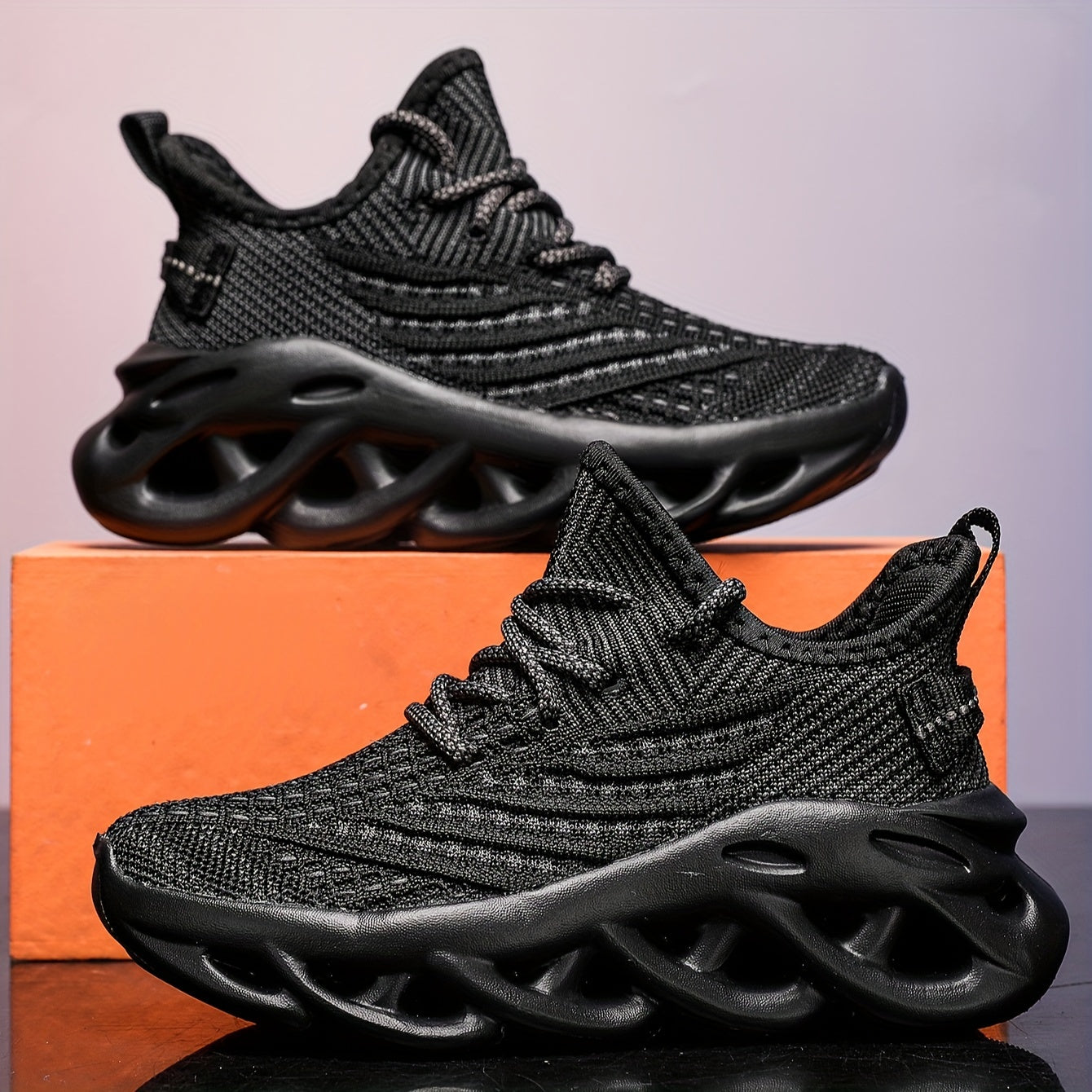 Youngsters' Breathable Woven Knit Blade Sneakers - Non-Slip Soft EVA Sole, Slip-On Low-Top Design for Outdoor Activities, Black (Boys & Girls), Kid Shoes,