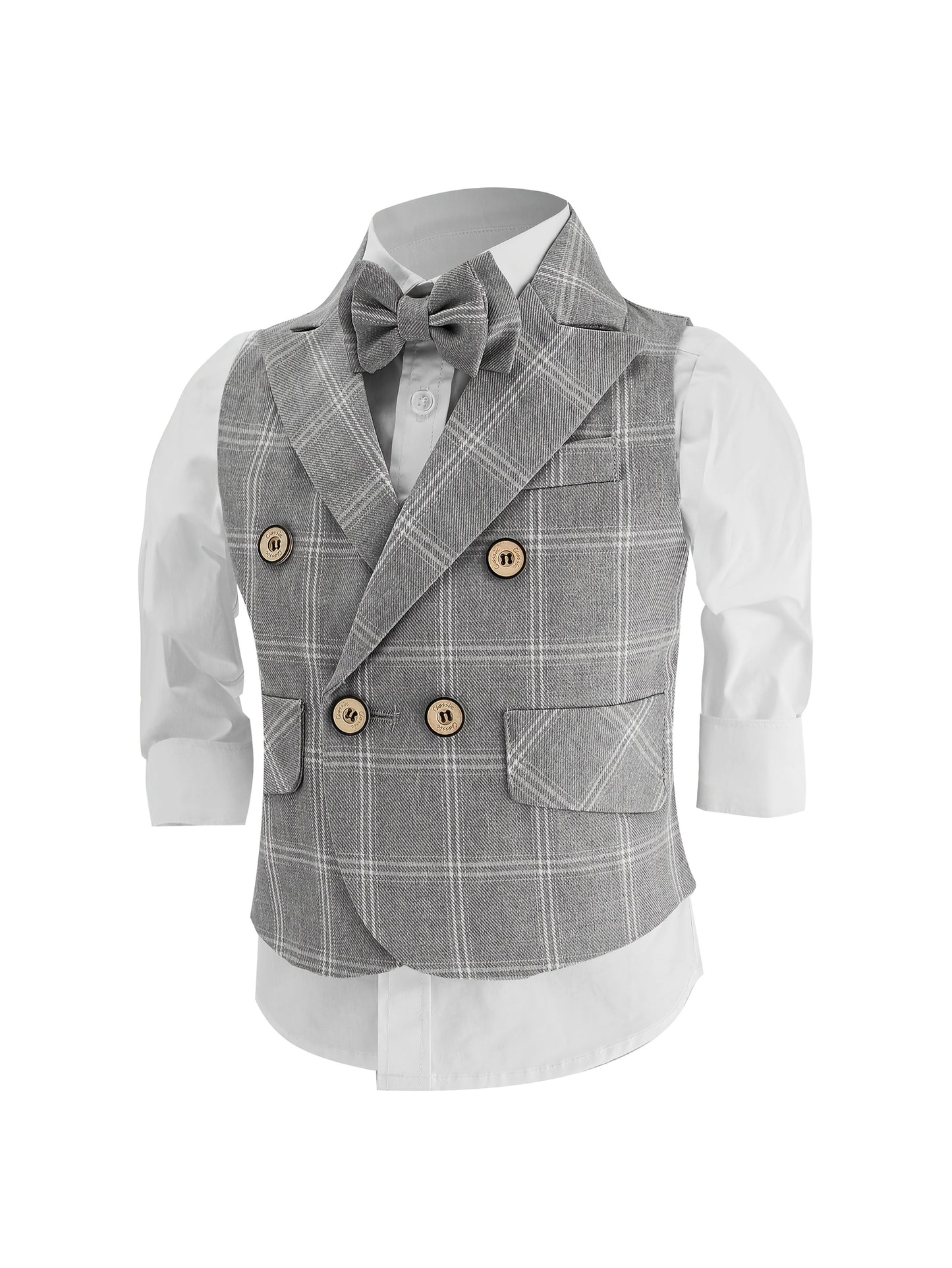 Children's Stylish Vest Suit British Style Plaid Dress for Boys Piano Performance Wedding Flower Boy 3pcs Set with Vest + Pants + Bow Tie,