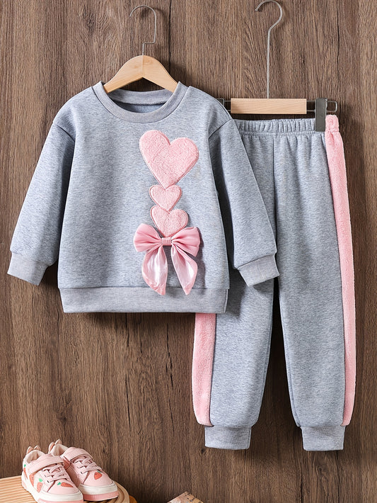 Girls' 2pcs Outfit Set, Casual Crew Neck Long Sleeve Top with Heart & Bow Embroidery, Rib-Knit Polyester, Non-Stretch Knit Fabric, Regular Fit,