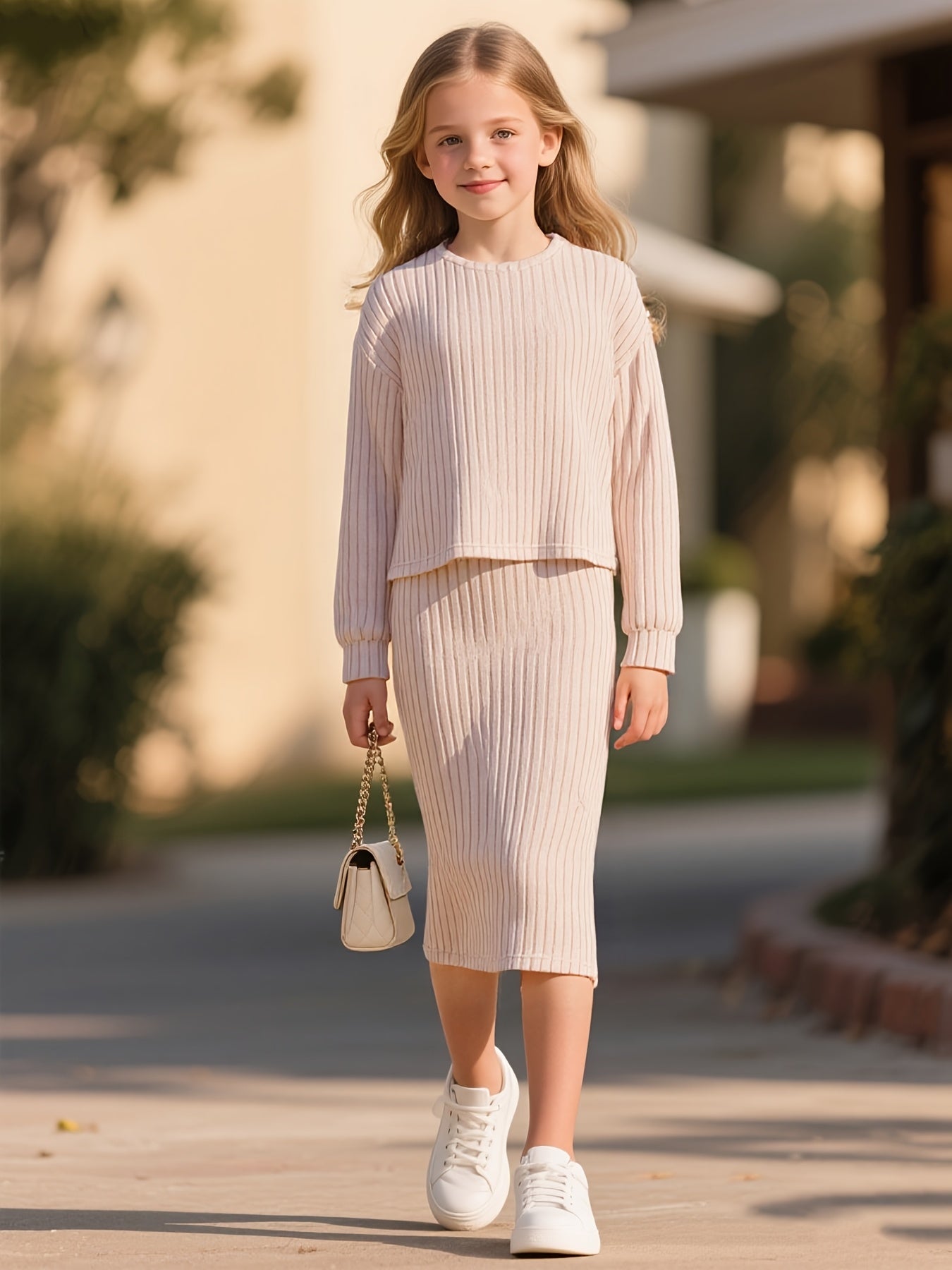 Girls' 2pcs Knit Set - Long Sleeve Crew Neck Top & Mid-Length Skirt, Beige Solid Color Casual Outfit for Fall\u002FWinter, Perfect for Weekend & Daily Wear, Cozy Clothing