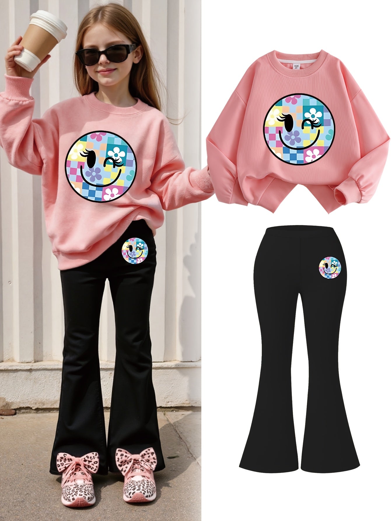 2pcs Girls Fashion Sweatshirt + Flared Pants Cute Style | Cartoon print | Home leisure + autumn + fashion | Kids Trend Autumn Set