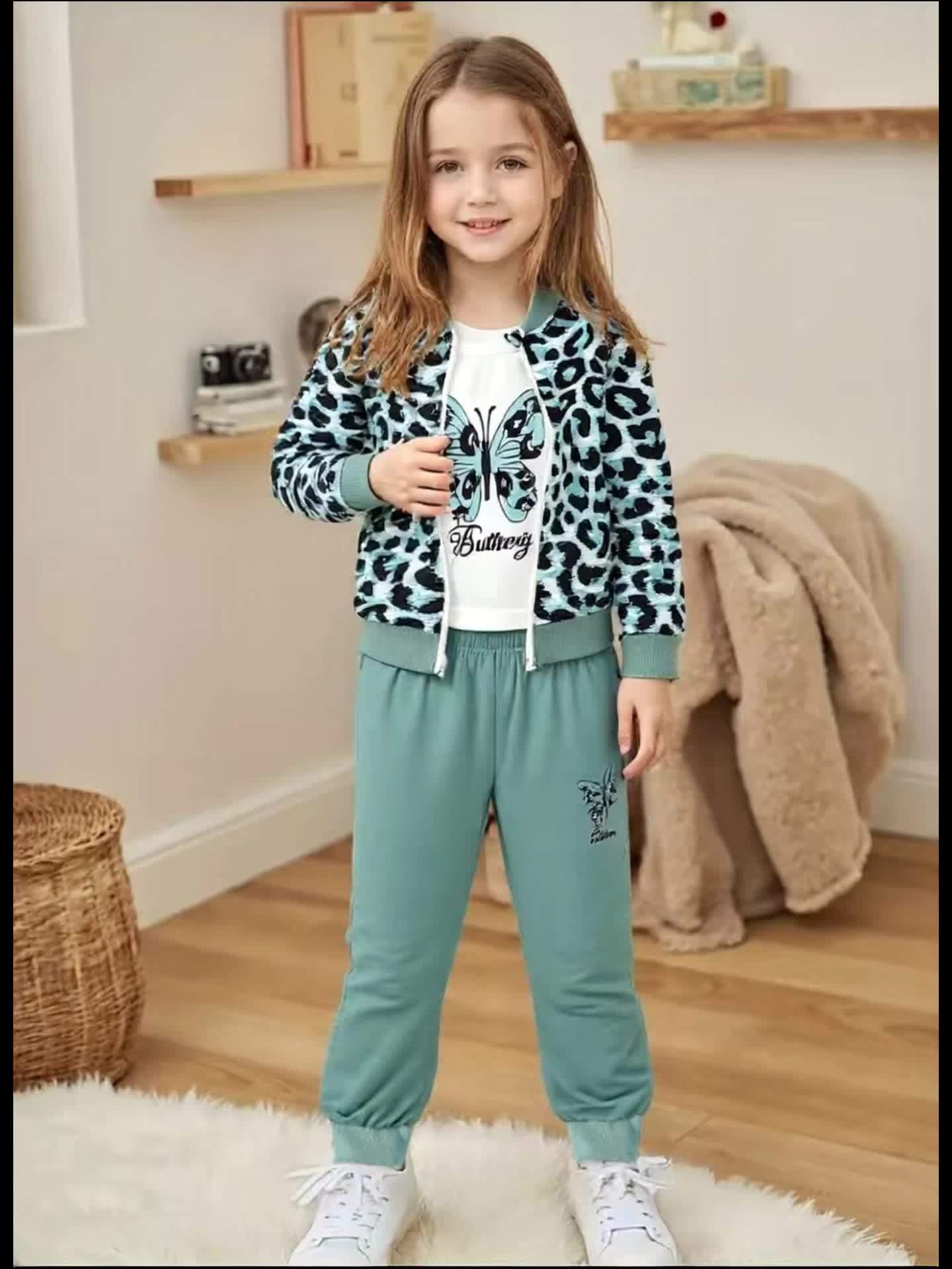 Fashion Jacket Set Three-Piece Set Girls' Fashion Leopard Print Jacket with Butterfly Pattern Long Sleeve & Casual Pants
