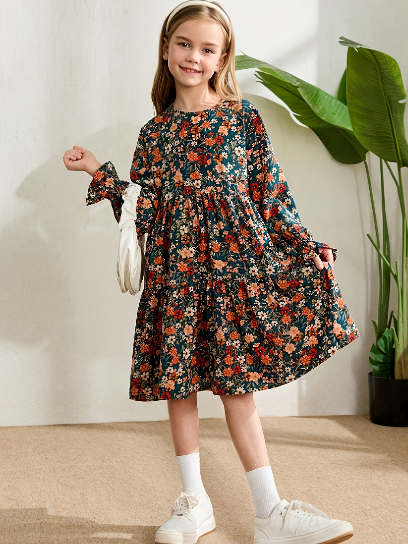 Girls' Floral Print Ruffle Sleeve Dress with Ruffled Hem - Mid-Length A-Line Dress for Fall\u002FWinter, Crew Neck, Non-Stretch Fabric,