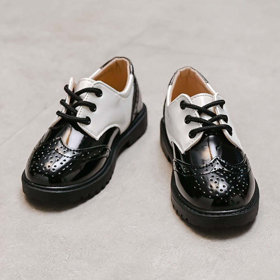 Boys' School Style Lace-Up Shoes - Black & White Faux Cover Dress Shoes with Soft Sole, Round Toe, and Decorative Perforations for Weddings, Parties
