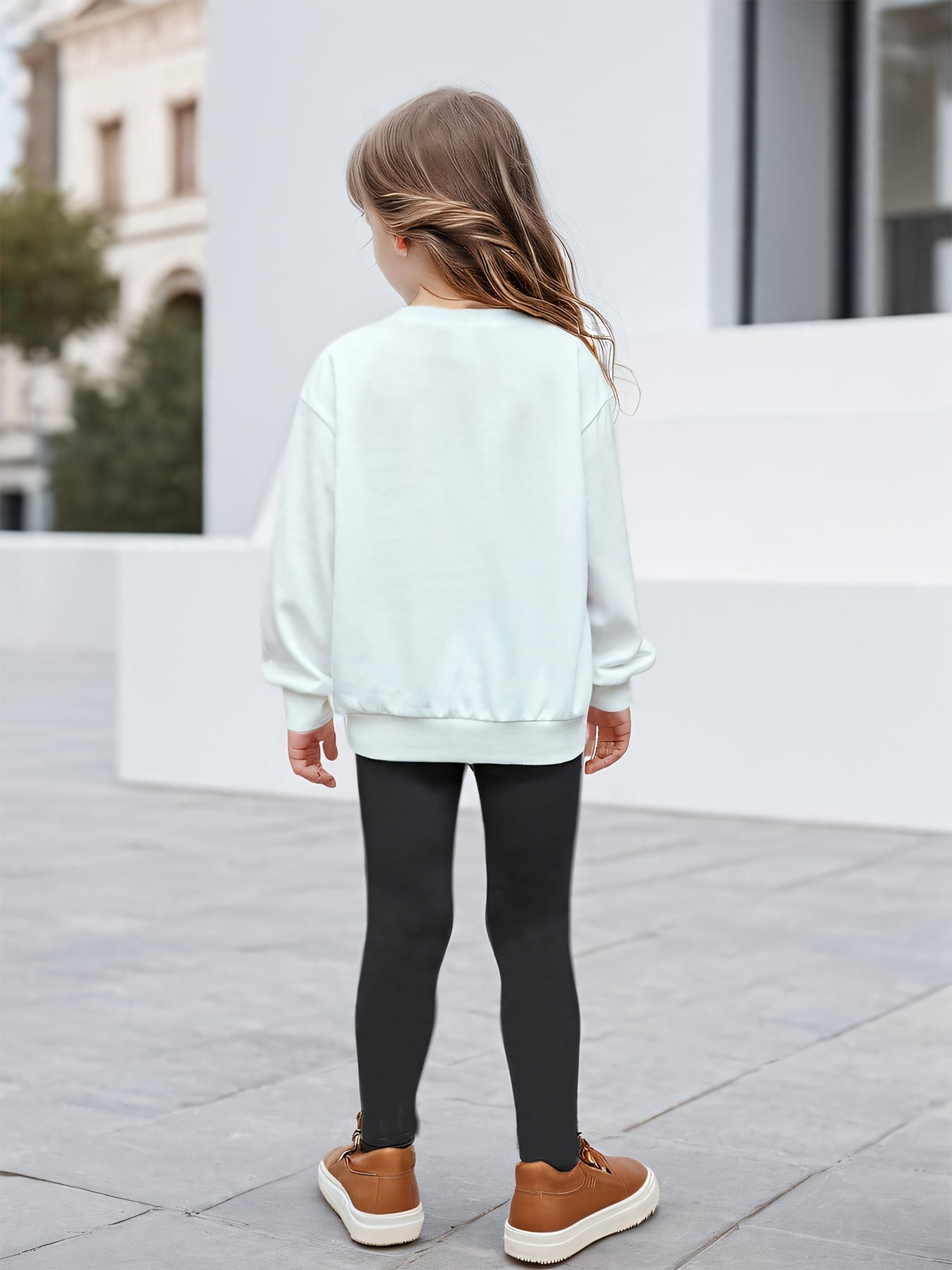 Girls' Vintage Letter Print Sweatshirt and Leggings Set, Polyester Blend, Casual Style, Machine Washable